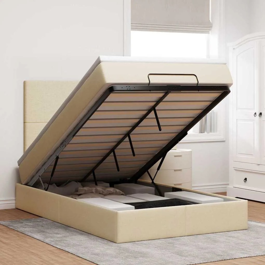 vidaXL Estrutura de cama otomana com colchão 120x190 cm tecido creme