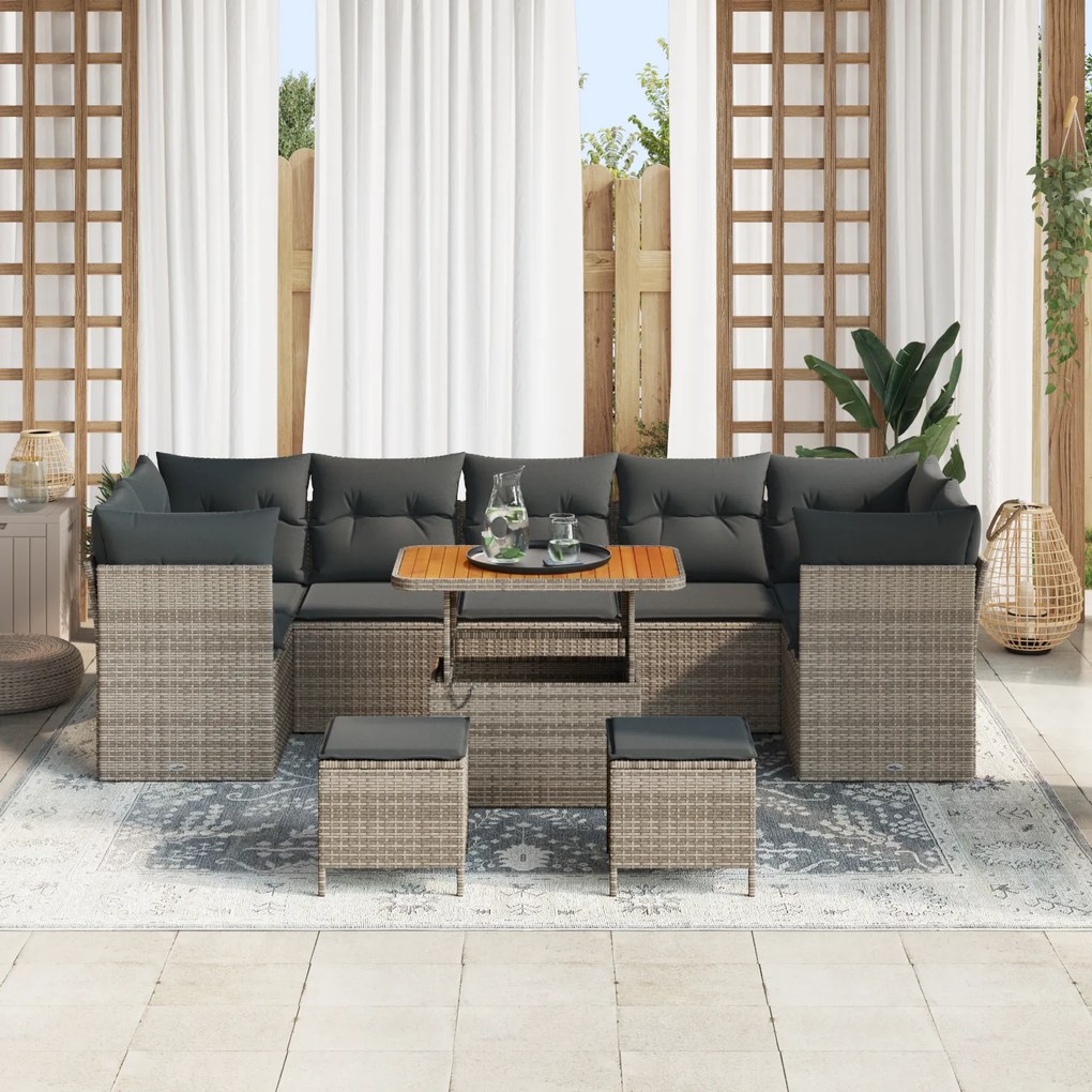 Conjunto de Sofá de Jardim de 10 Peças com Almofadas Cinza em Polyratt
