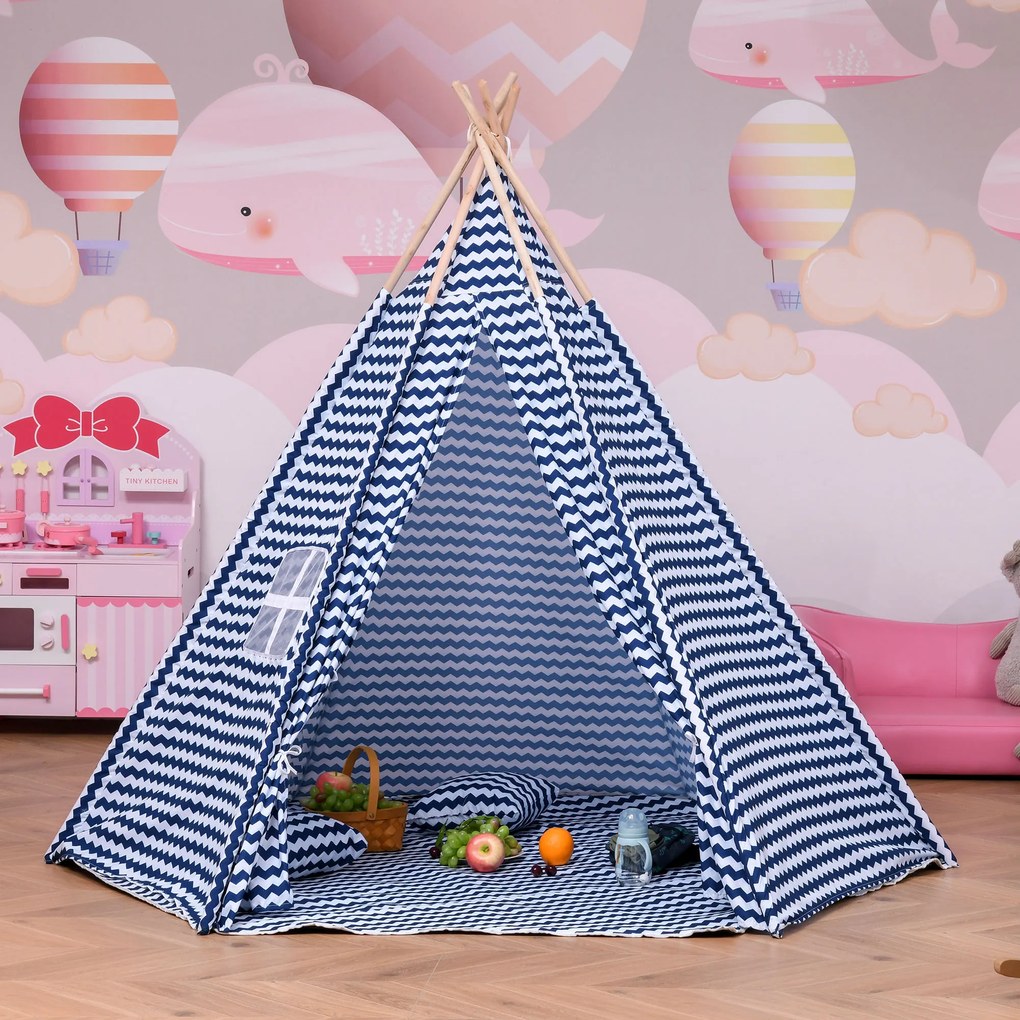 HOMCOM Tenda Infantil Tipi infantil estilo indiano com janela para cobrir o piso e 2 almofadas Bolsa de transporte 200x200x170 cm Azul