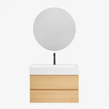 Conjunto De Móvel De Casa De Banho Em Madeira E Chapa De Freixo Com Lavatório Integrado Ona Madeira Natural & Redondo Led E - Sklum