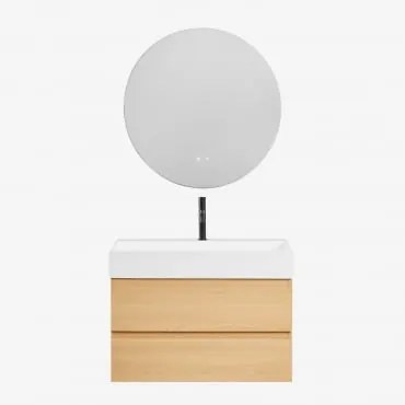 Conjunto De Móvel De Casa De Banho Suspenso Em Madeira E Folha De Freixo Com Lavatório Integrado Ona Madeira Natural & Redondo - Sklum