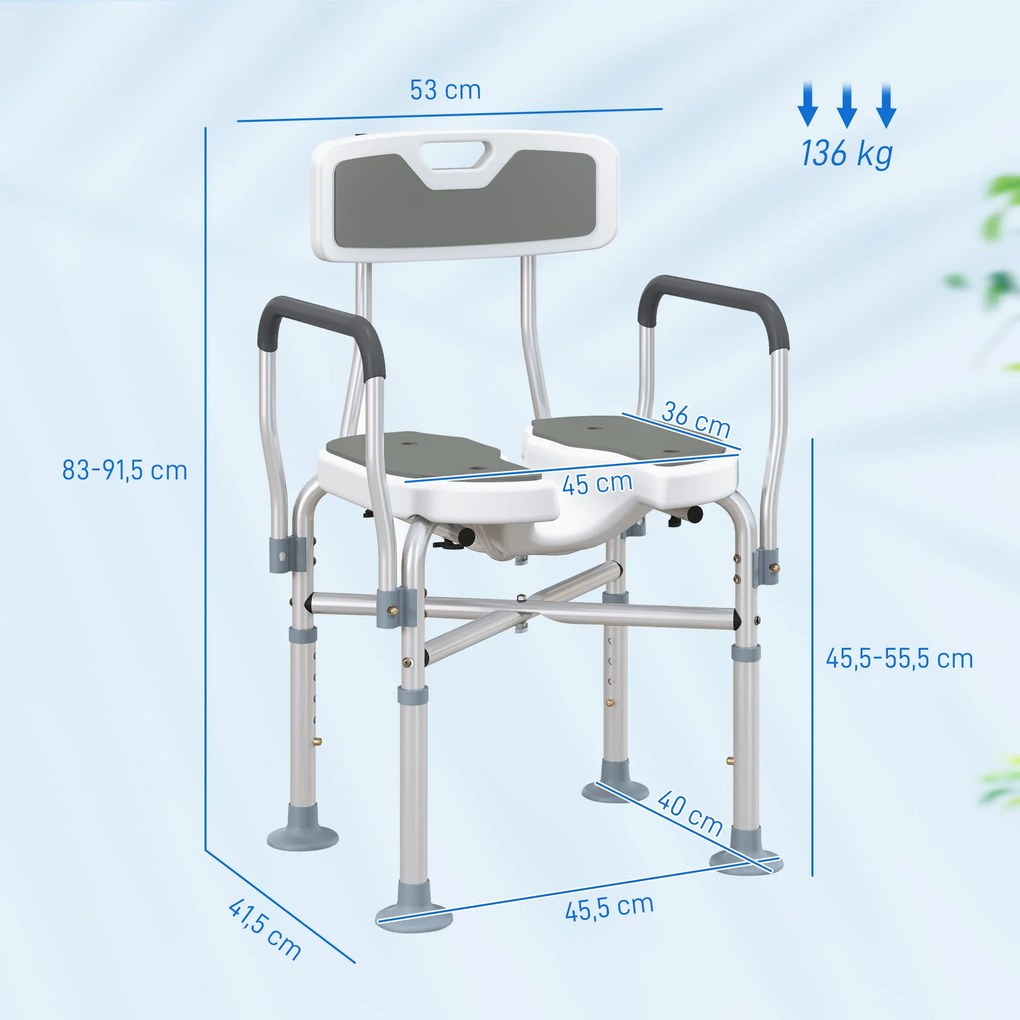 Cadeira de Duche com Abertura em U, Altura Regulável, Antiderrapante, com Encosto e Apoios de Braços, até 136 kg, Cinzento