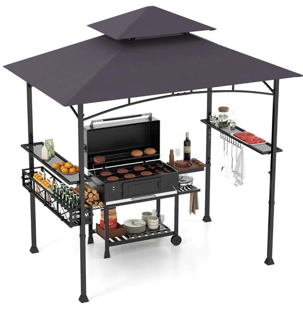 Pergula tenda para churrascos 242 x 153 cm com 2 prateleiras laterais, cesto, ganchos, abridor de garrafas, estrutura de metal para jardim ou pátio Ci