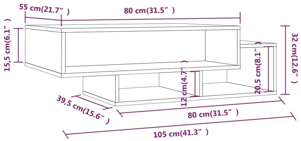 Mesa de centro 105x55x32cm derivados de madeira cinzento sonoma