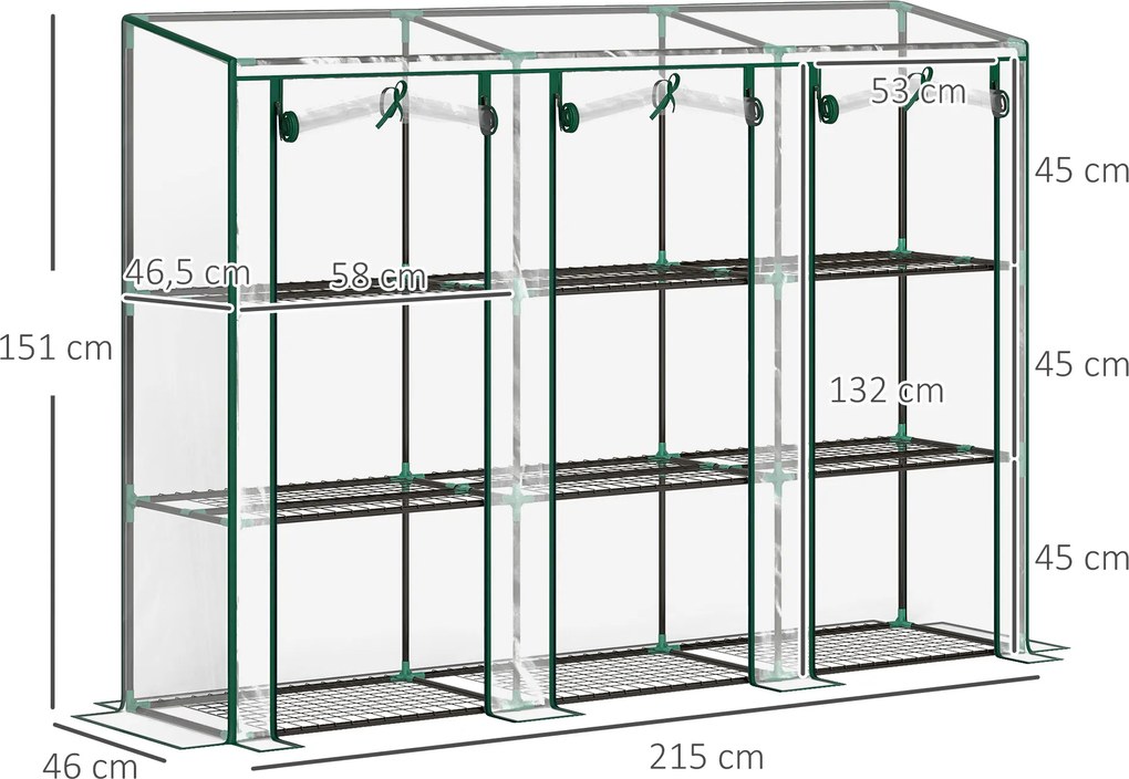 Estufa de jardim com prateleiras de 3 níveis, estufa de varanda com 3 portas enroláveis com fecho de correr, 215 x 46 x 151 cm, transparente