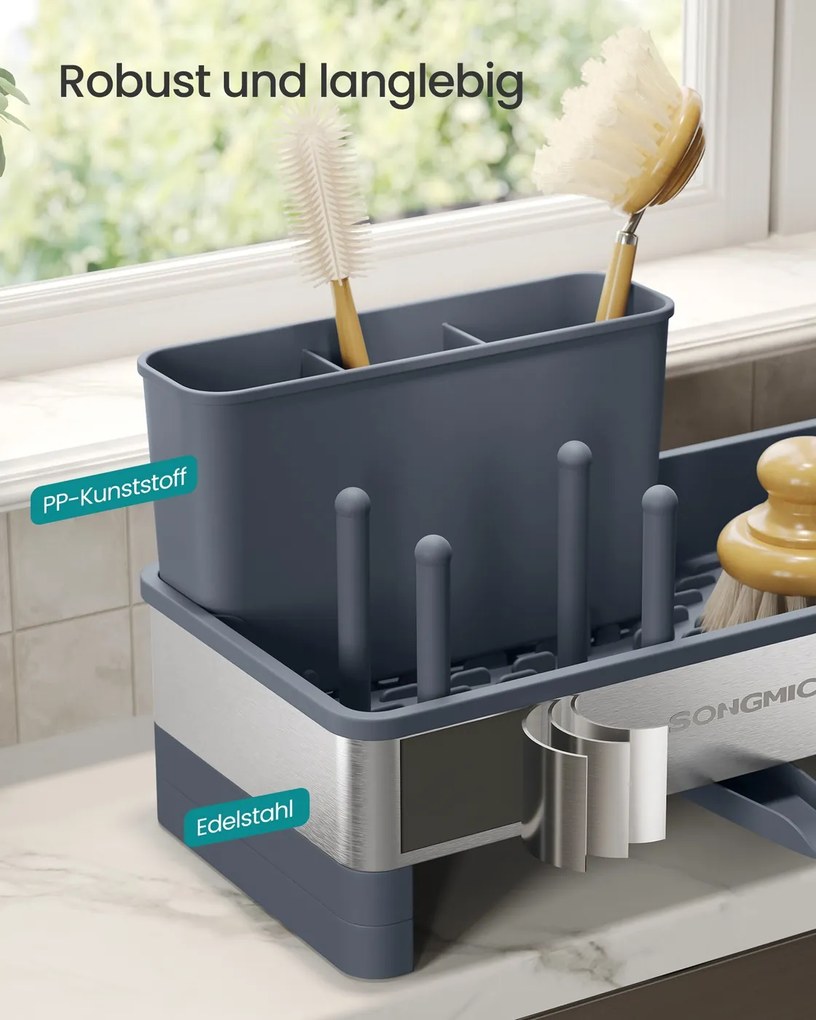 Organizador para lava louça cozinha 12,7 x 24,7 x 23 cm com suporte para esponjas e escovas cinza ardósia-prateado