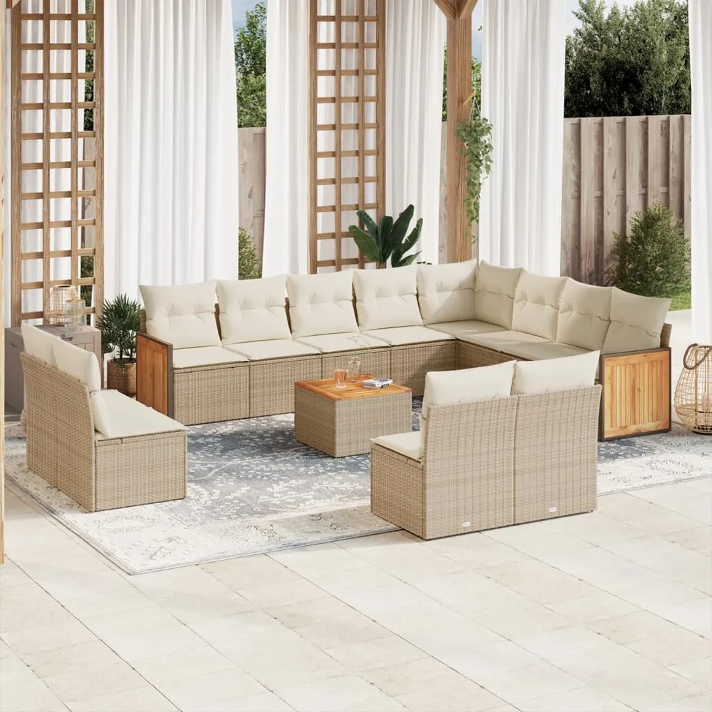 13 pcs conjunto de sofás p/ jardim com almofadões vime PE bege
