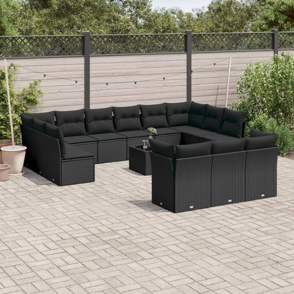 vidaXL 14 pcs conjunto de sofás p/ jardim c/ almofadões vime PE preto