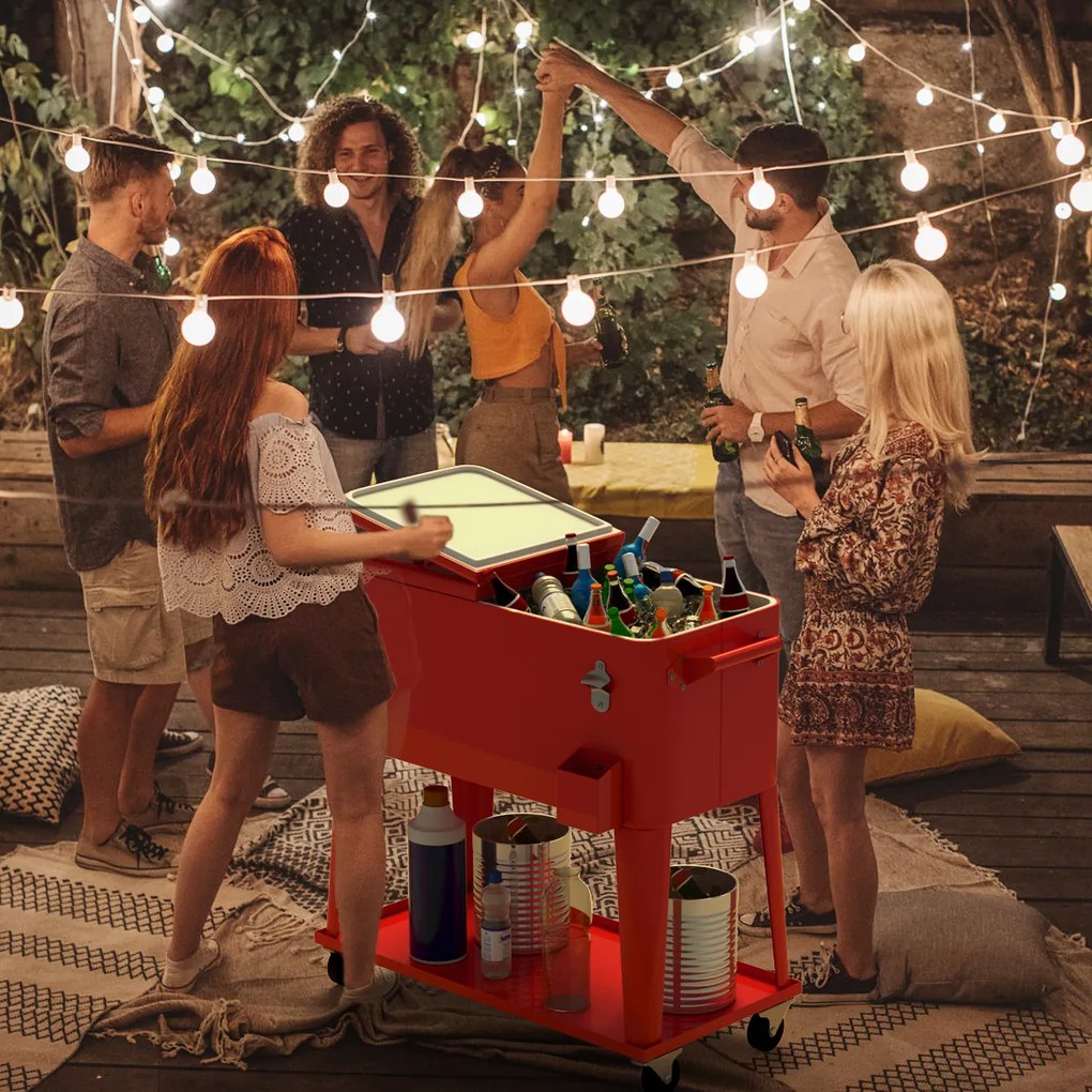 Carrinho Geleira para Bebidas e Gelo 76 L Carrinho Portátil com Rodas e Abre-Garrafas 72 h para Festas Exteriores Pátio Jardim 91 x 48 x 87 cm Vermelh