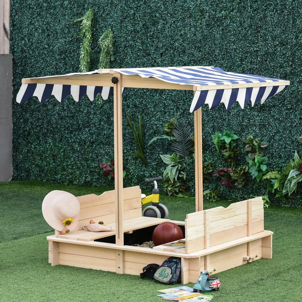 Outsunny Caixa de areia de madeira para crianças acima de 3 anos com banco telhado toldo ajustável removível 106x106x121 cm Carga 150 kg Cor de madeira natural