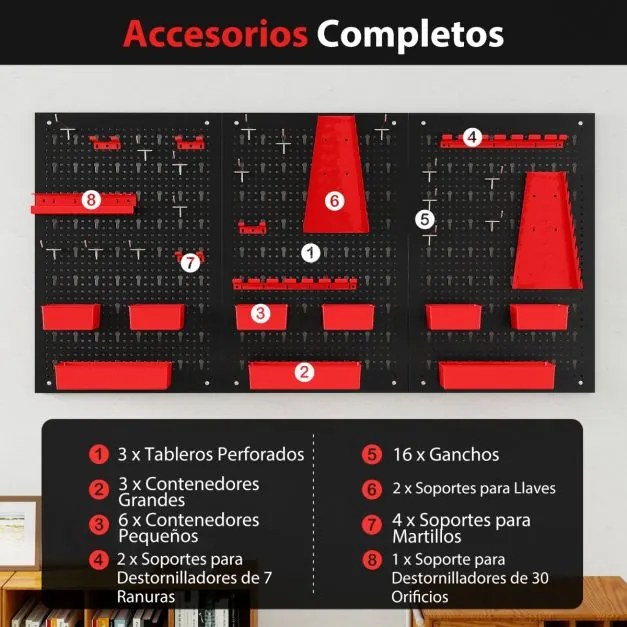 Organizador de parede ferramentas (Não incluidas) 120 x 60 x 2 cm com painel perfurado com 9 recipientes Suportes para martelos Preto e vermelho
