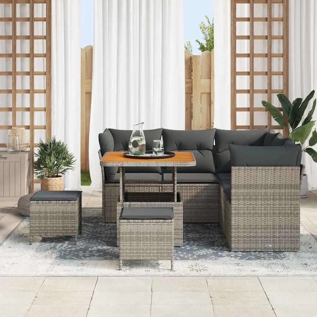 Conjunto de Sofá de Jardim de 8 Peças com Almofadas Cinza em Rattan de