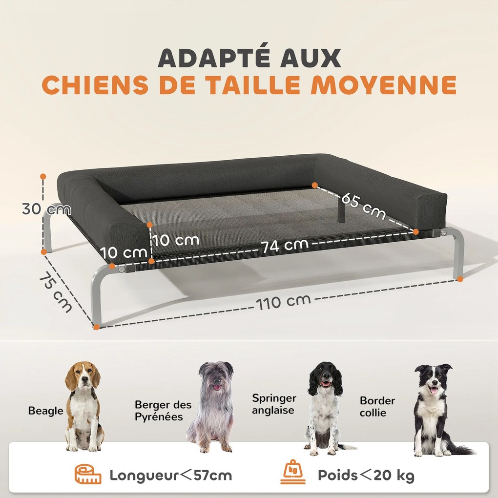 Cama elevada refrescante para cães, cama portátil para cães para uso interior e exterior, 110 x 75 x 30 cm, preta