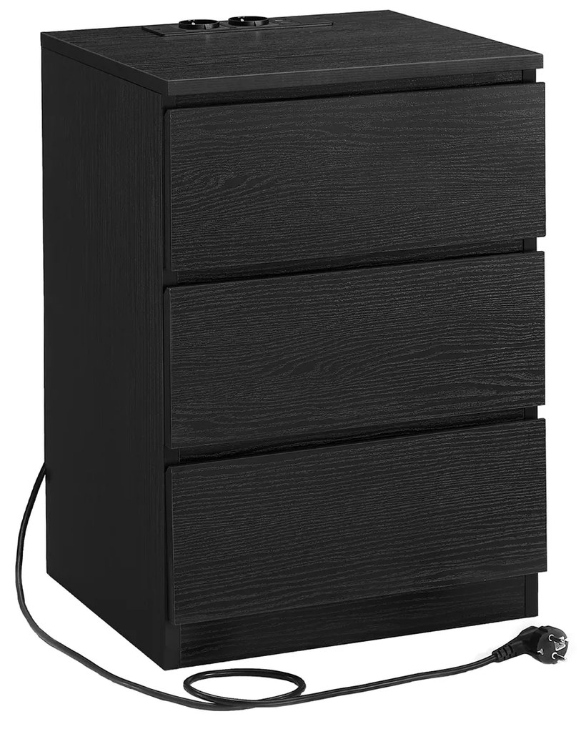 Mesa de cabeçeira com 2 tomadass e 2 portas USB e 3 gavetas moderna 35 x 40 x 59 cm preto