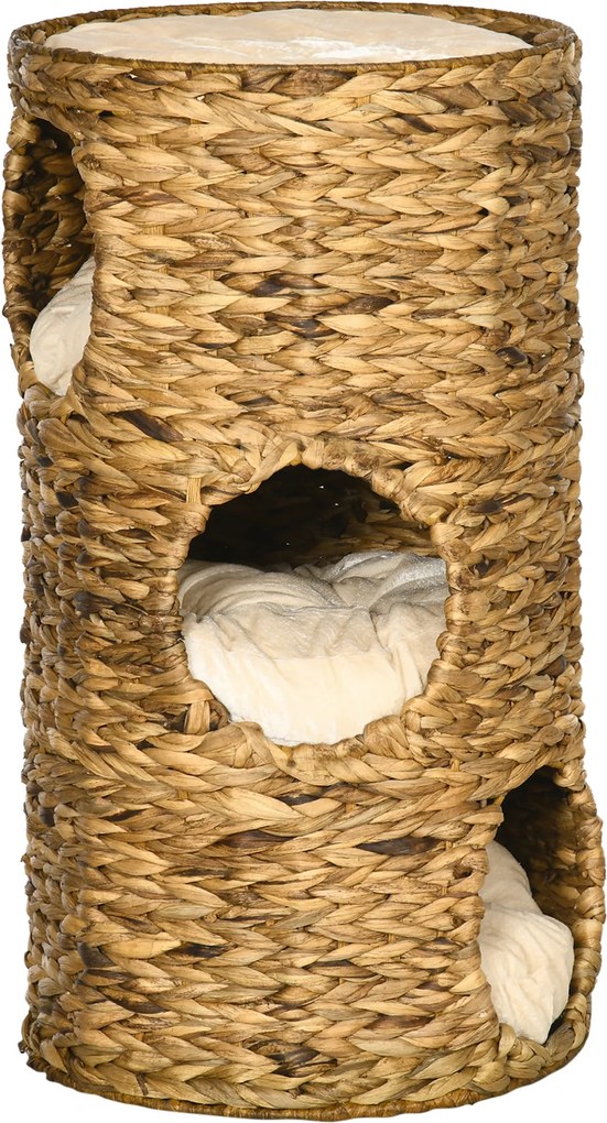 PawHut Toca para gatos com 3 níveis, 3 entradas, design boho, incl. almofada, 40 cm x 40 cm x 73 cm, Marrom claro + Creme | Aosom Portugal