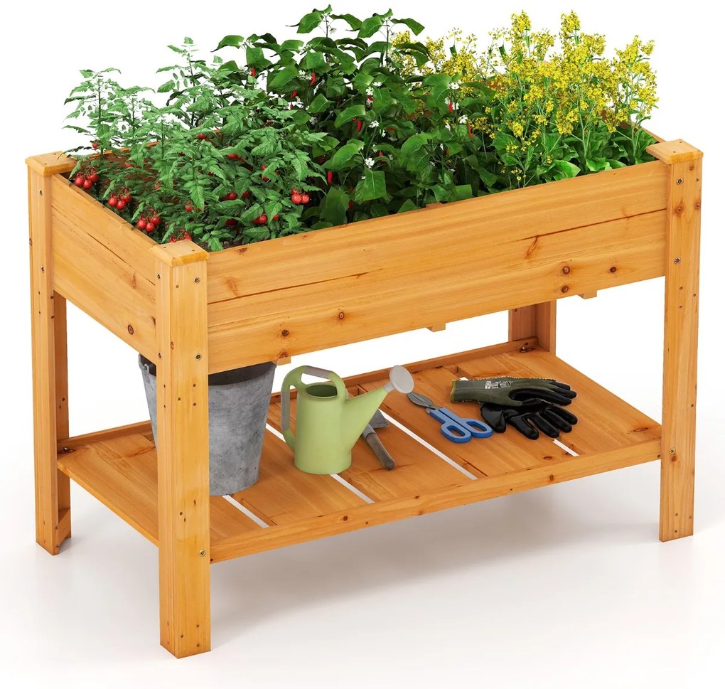 Canteiro elevado de madeira com prateleira e furos de drenagem Canteiro elevado para jardim Plantador natural