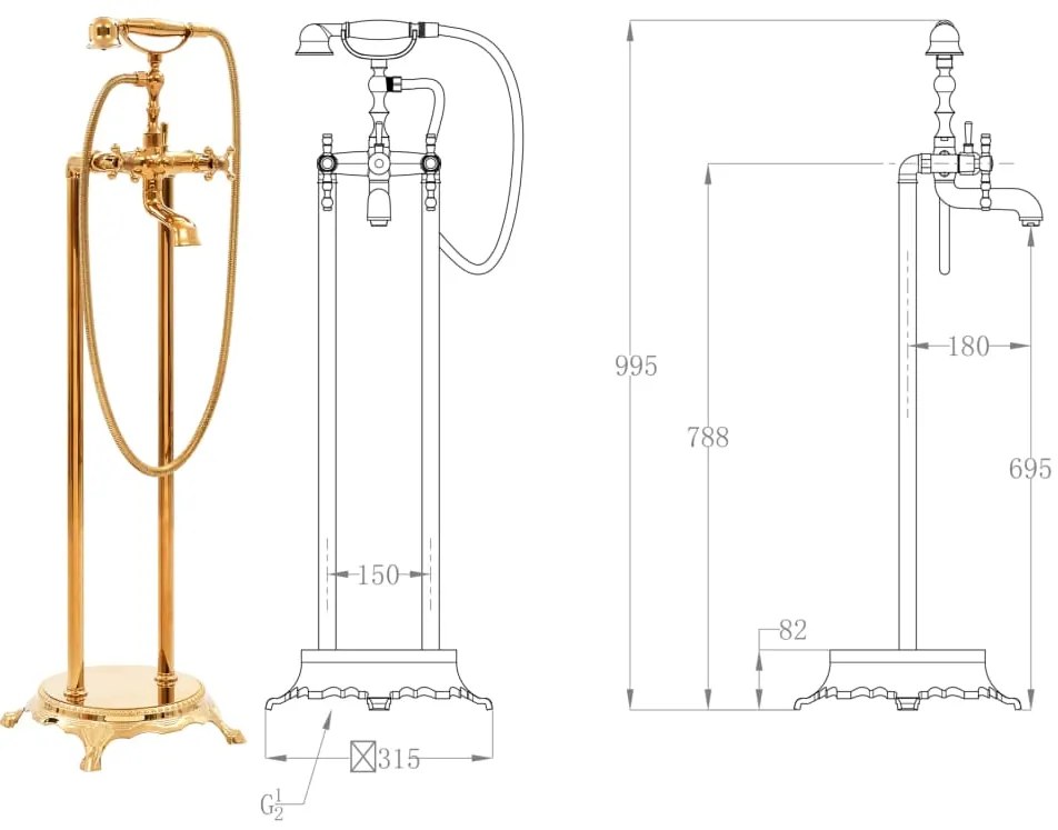 Torneira de pé para banheira aço inoxidável 99,5 cm dourado