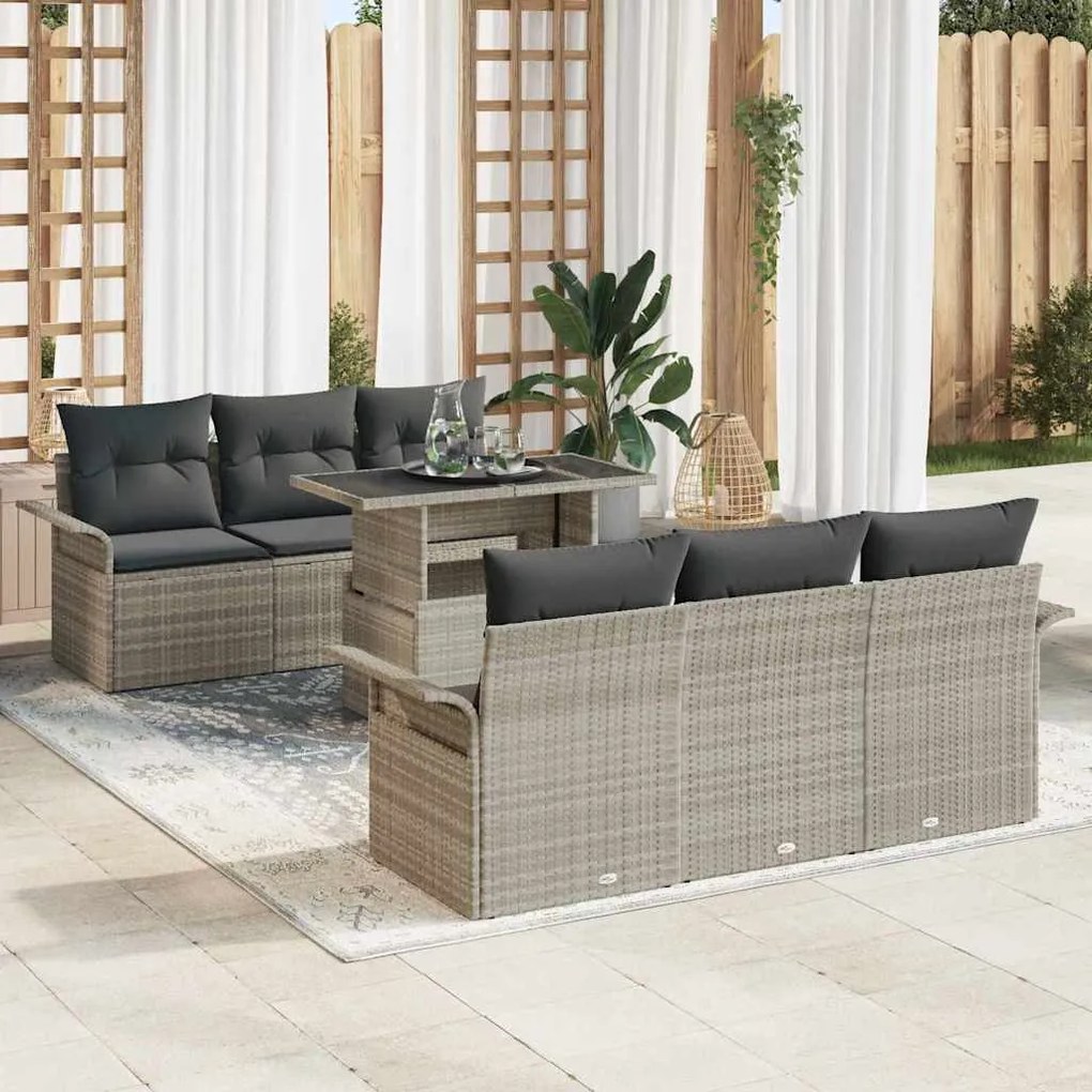 vidaXL Conjunto de Sofá de Jardim de 7 Peças com Almofadas Cinza Claro em Rattan de Poliéster