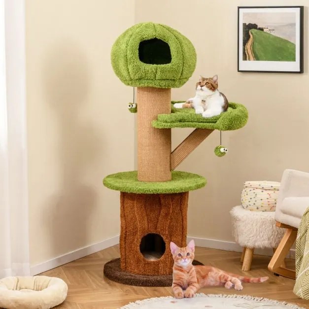 Arranhador para gatos em forma de árvore para interior 148 CM com 2 Cavernas Verde