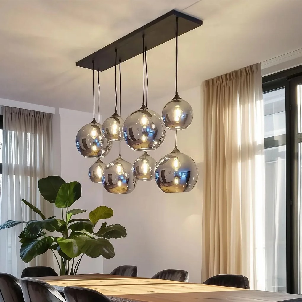 Candeeiro de suspensão Art Deco preto com vidro fumê 8 luzes - Sandra