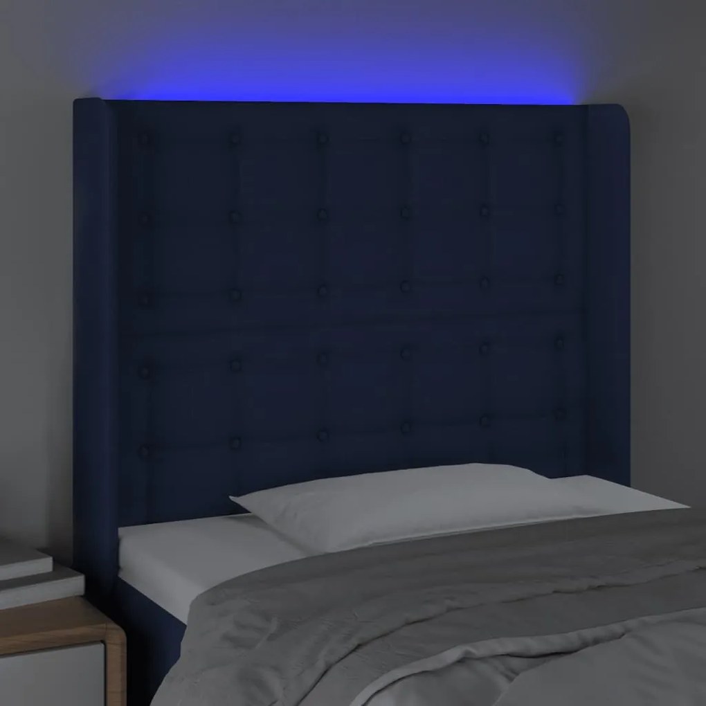 Cabeceira de cama c/ luzes LED tecido 83x16x118/128 cm azul