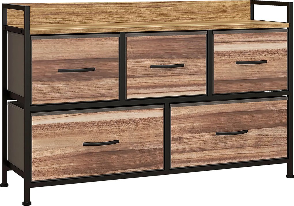 HOMCOM Cómoda com 5 Gavetas de Tecido Cómoda de Estilo Industrial com Estrutura Metálica para Quarto 98x29x63 cm Carvalho | Aosom Portugal