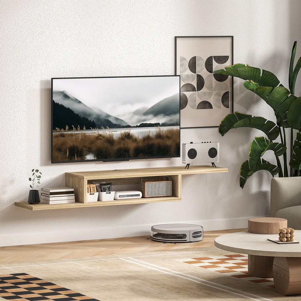 Móvel de TV de Parede Flutuante, 152 x 29 x 21 cm, Com 2 Passa-Fios, cor Carvalho Claro