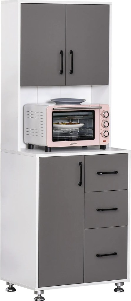 Armário alto de cozinha com 3 portas, 3 gavetas e bancada 60 x 40 x 160 cm, cinzento