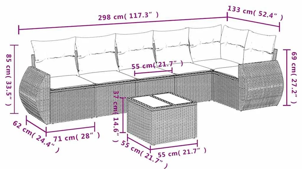 7 pcs conj. sofás jardim com almofadões vime PE cinzento-claro