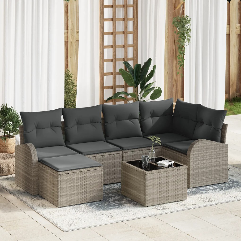 Conjunto de Sofá de Jardim vidaXL de 7 Peças com Almofadas Cinzento Rattan Poliéster