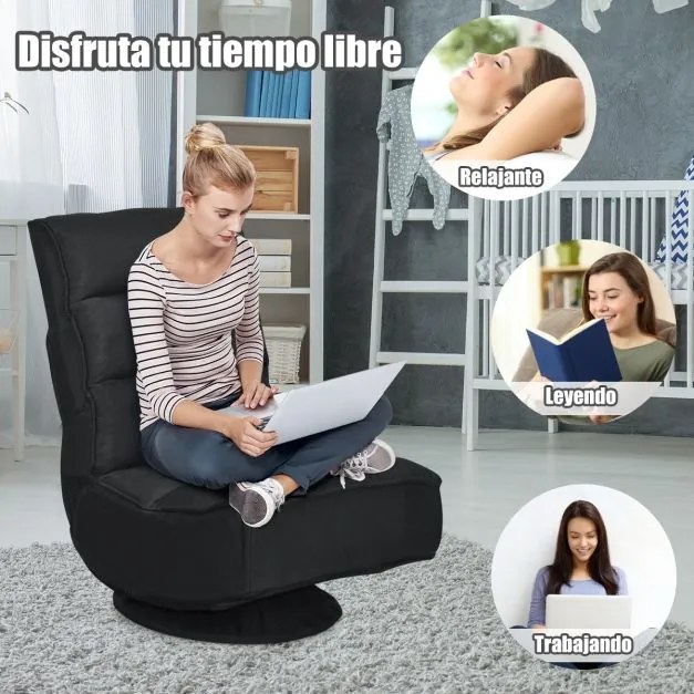 Cadeira giratória de chão nivelado 360° ajustável em 5 posições para adultos Jogos de vídeo Ler Ver televisão 59 x 75 x 83 cm Preta