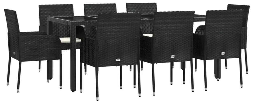 9 pcs conjunto de jantar p/ jardim c/ almofadões vime PE preto
