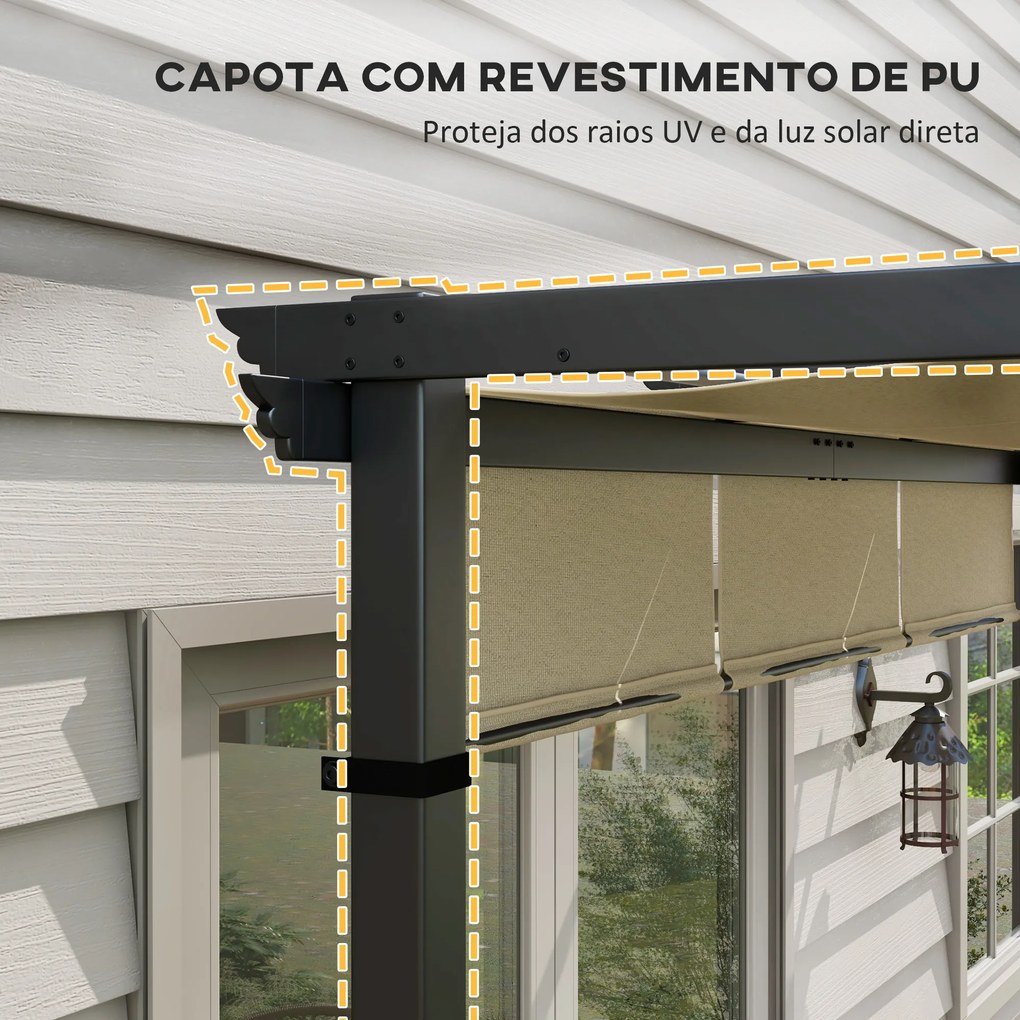 Pérgola Exterior 3x3 m com Toldo deslizante Estrutura de Aço Impermeável e Anti-UV para Terraço ou Pátio Bege