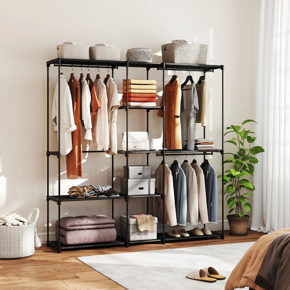 Guarda roupa aberto em tecido com barra para pendurar roupa e prateleiras, 182 x 43 x 185 cm, preto