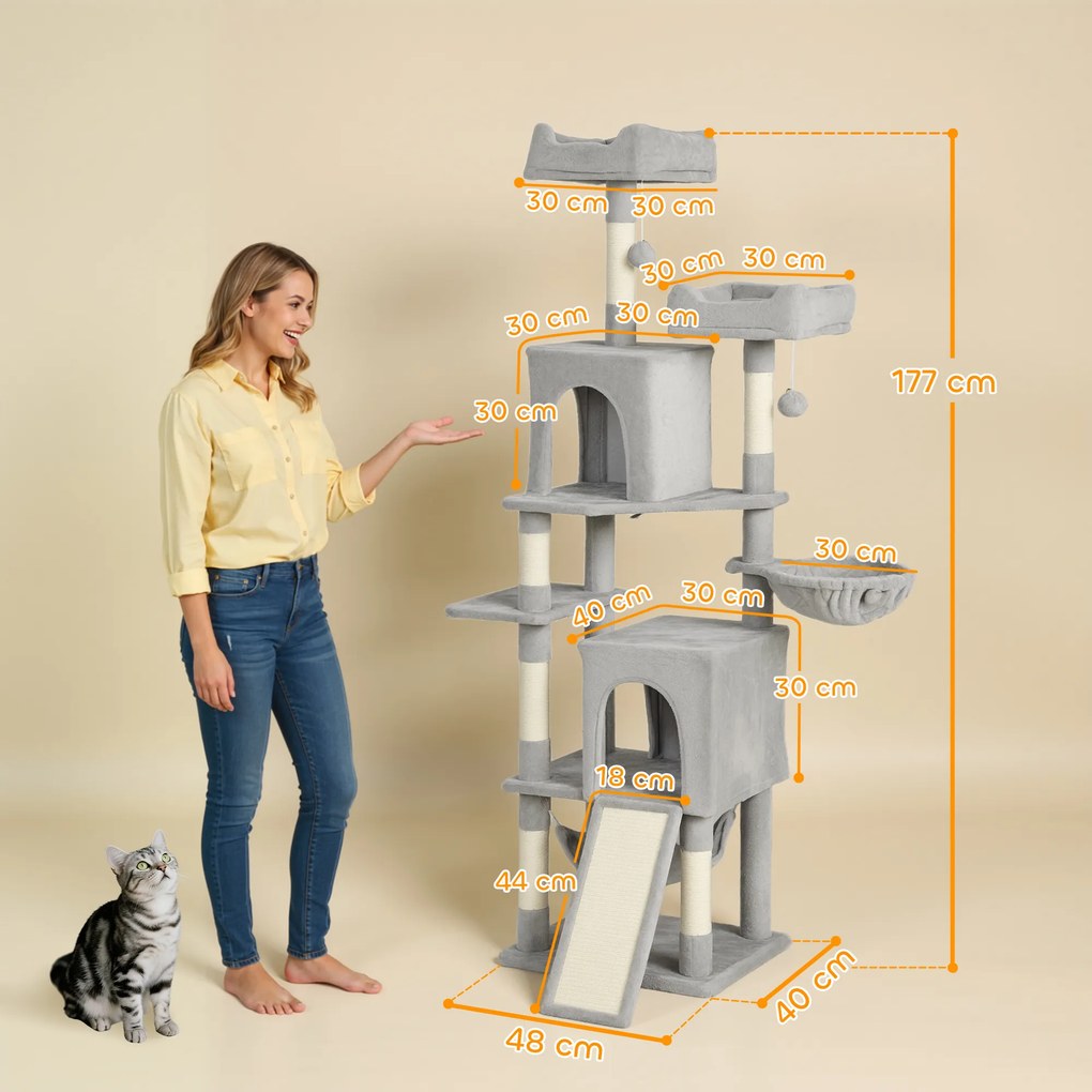 Arranhador para gatos com torre de brincadeiras: 3 plataformas, 2 compartimentos abertos, 2 camas, 2 redes e 1 escada; altura: 177 cm; cinzento claro