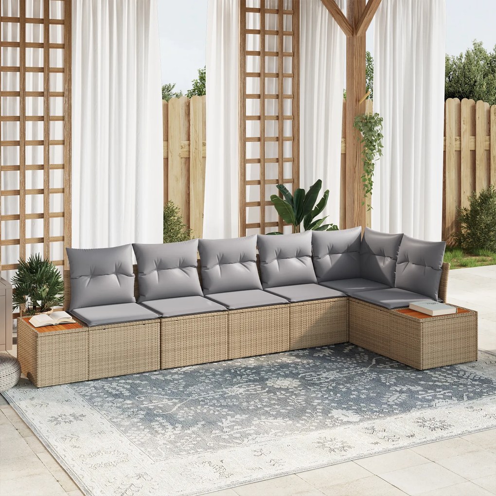 vidaXL Conjunto de Sofá de Jardim de 6 Peças com Almofadas Bege Vime Acácia