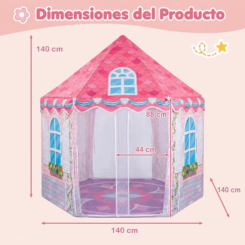 Tenda de Jogos Hexagonal para Crianças, 140 x 140 x 140 cm, Cortinas de Malha Respirável, Rosa
