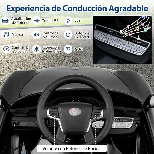Carro elétrico para crianças de 12 V Porsche licenciado com comando à distância, música, luzes LED, buzina, arranque suave, Preto