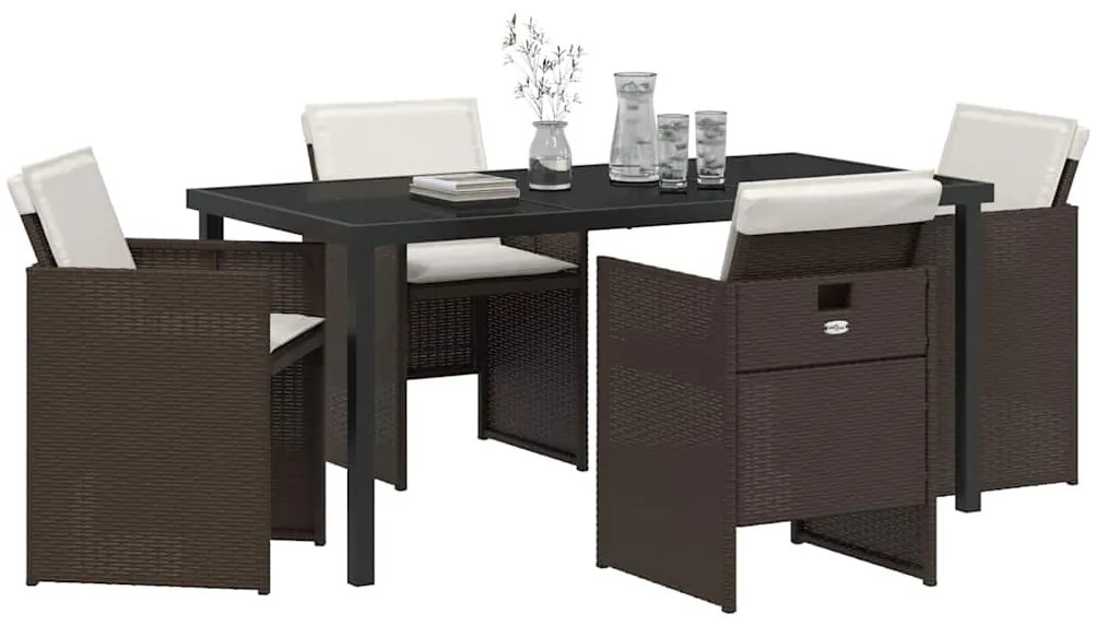 Conjunto de Jantar de Jardim 5 Peças com Almofadas Marrons em Rattan e