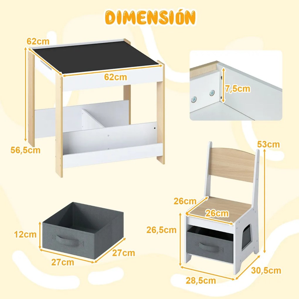 Conjunto de mesa e cadeiras para crianças Mesa de atividades em madeira com tampo reversível Prateleiras para livros e gavetas Natural + Branco