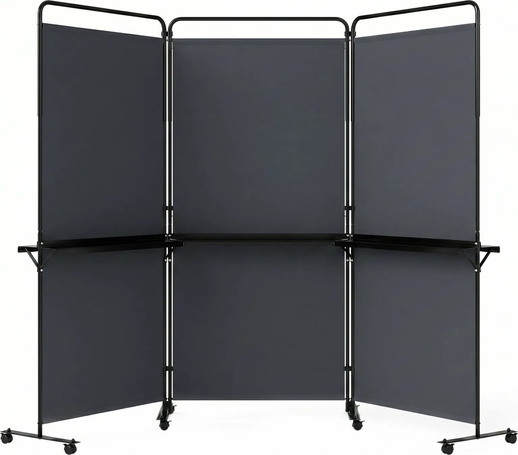 Biombo Divisório Dobrável de 3 Painéis, 259 x 44 x 188 cm, 8 Rodas Bloqueáveis, Cinzento