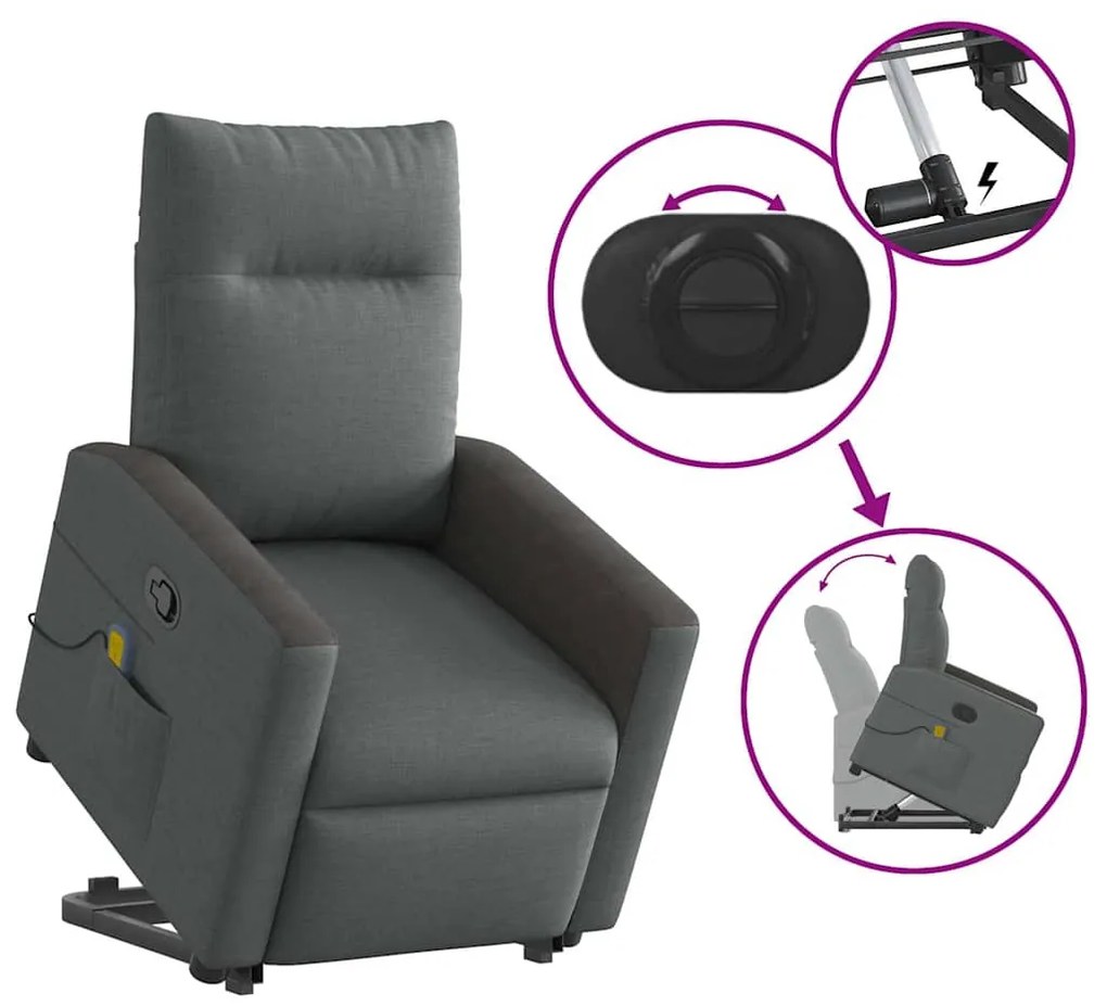 Poltrona elevatória de massagens tecido cinzento-escuro