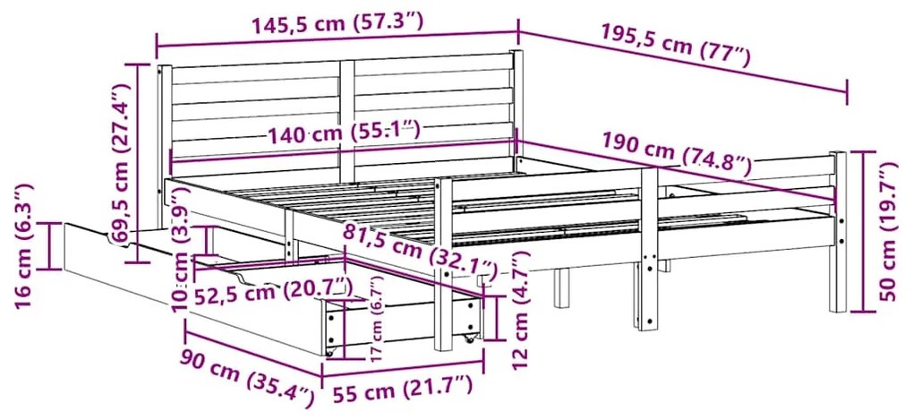 Cama sem colchão 140x190 cm madeira de pinho maciça