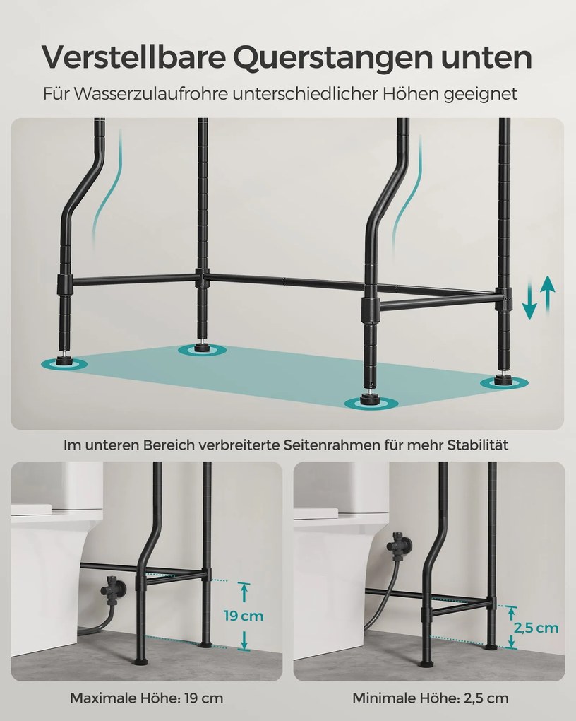 Estante de sanita de 4 prateleiras com ganchos economizadora de espaço 30 x 63 x 176 cm preto