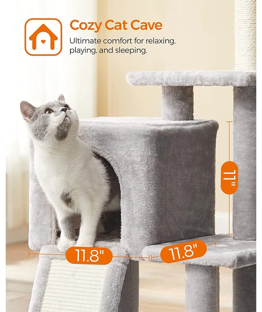 Arranhador para gatos com vários níveis, árvore para gatos com caverna 42 x 32 x 118 cm cinza claro