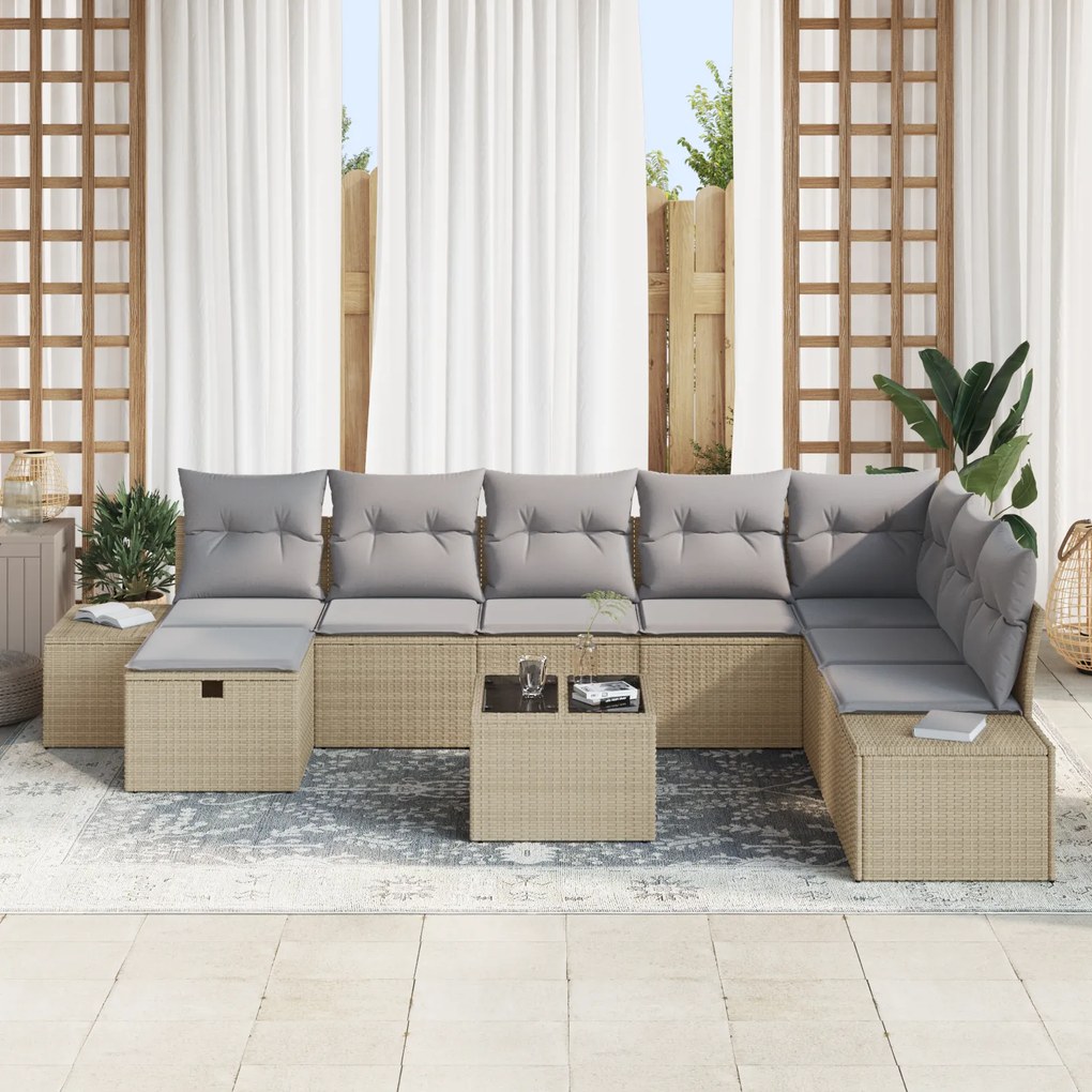 Conjunto de Sofá de Jardim de 9 Peças com Almofadas Bege de Rattan