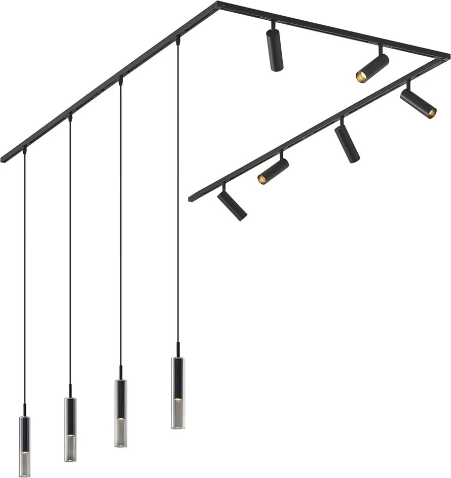 Sistema de calhas de iluminação moderno preto com 6 focos e 4 candeeiros suspensos monofásicos - Slimline Uzzy Loyce