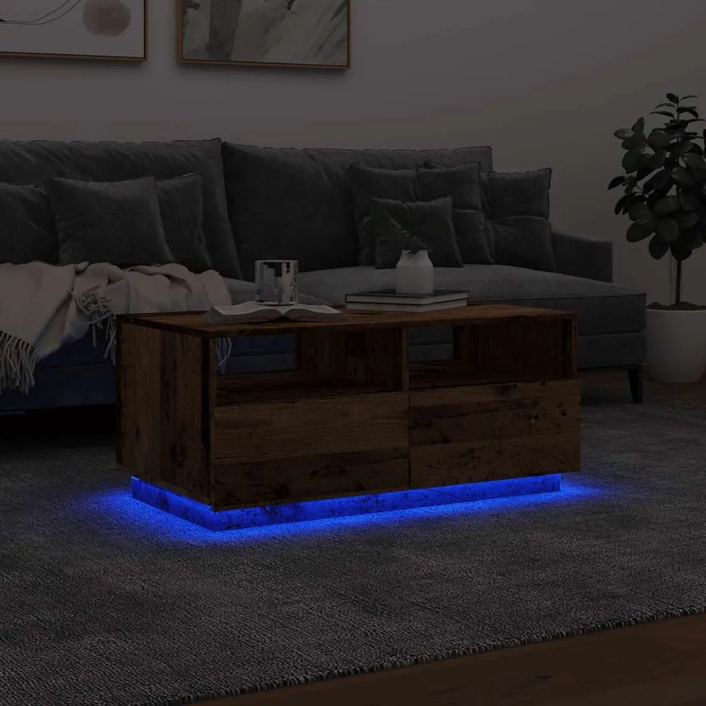 Mesa de centro com luzes LED 90x49x40 cm madeira velha