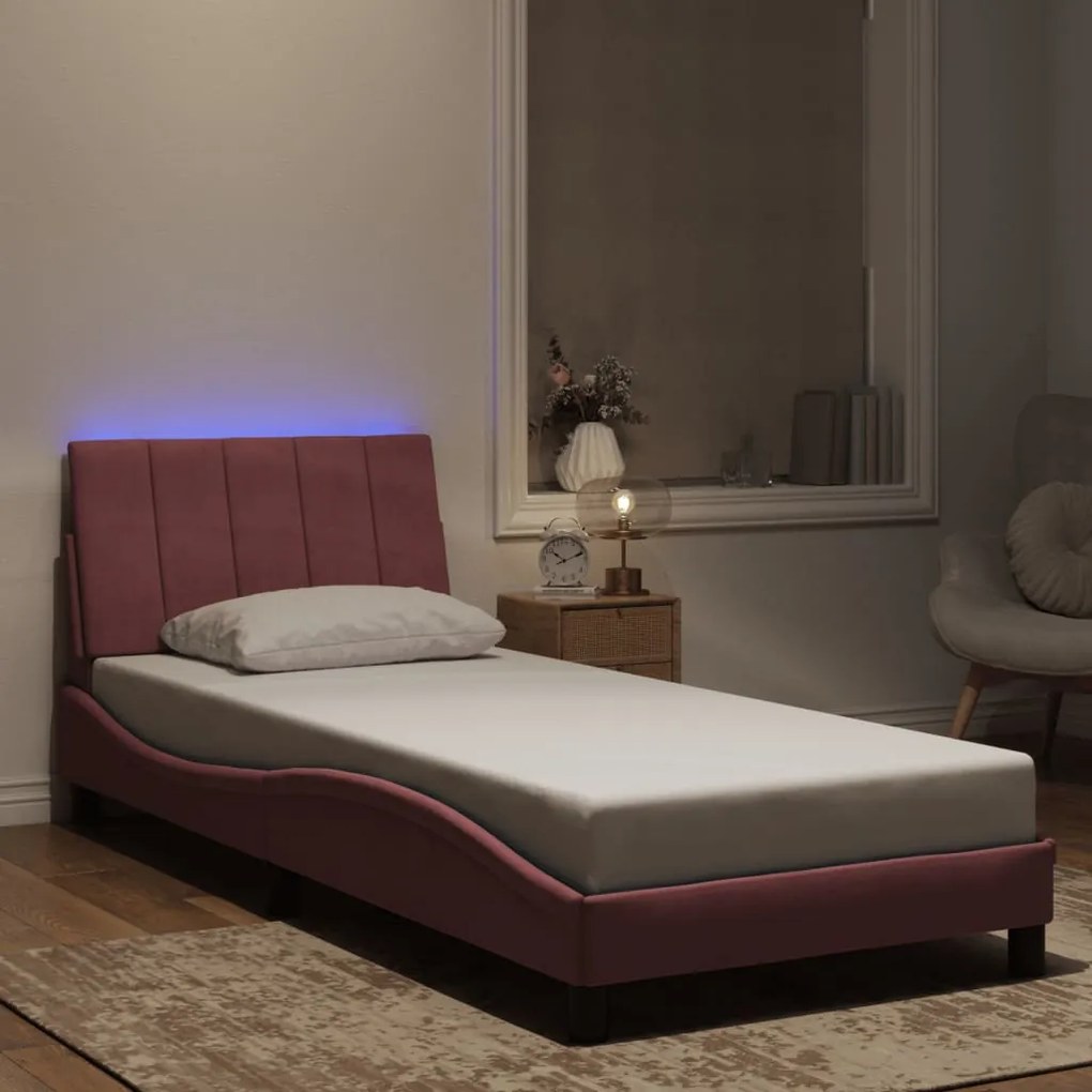 vidaXL Estrutura de cama c/ luzes LED 90x190 cm veludo rosa