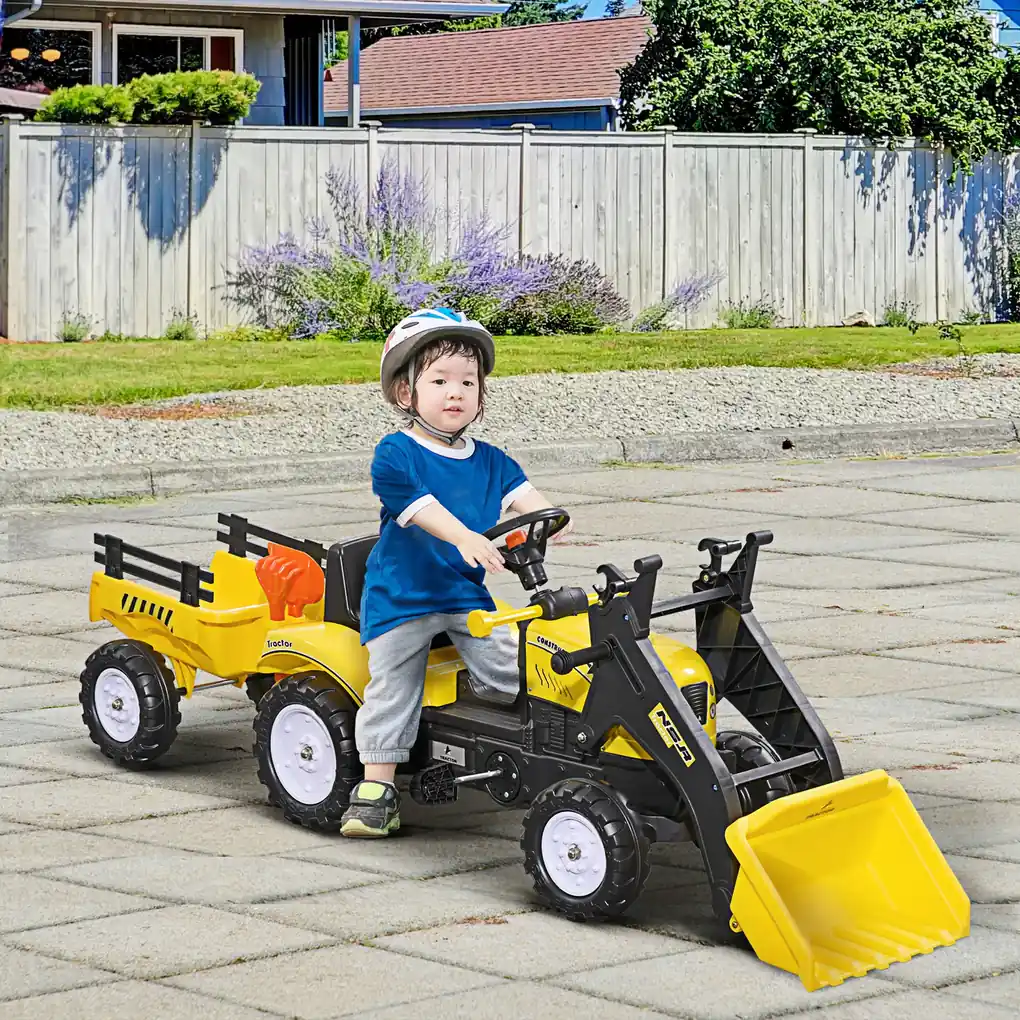 HOMCOM Trator a Pedais para Crianças acima de 3 Anos Trator Infantil com  Reboque e Pá Escavadora 167x41x52 cm Amarelo e Preto